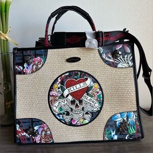 Ed Hardy Tote Bag Woven Wicker Embroidered Rhinestones Charms Shoulder Strap New